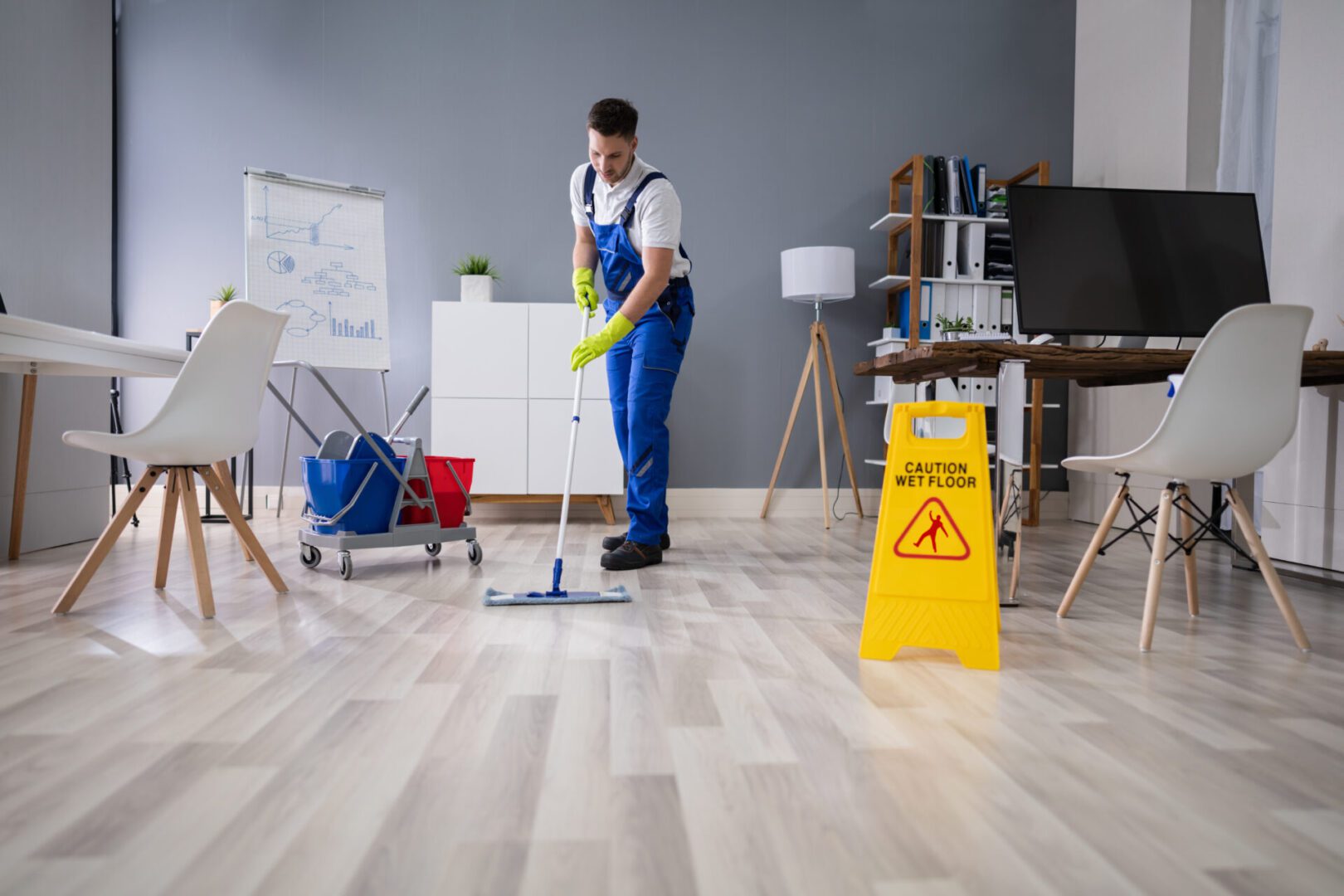 A man in blue overalls cleaning the floor.