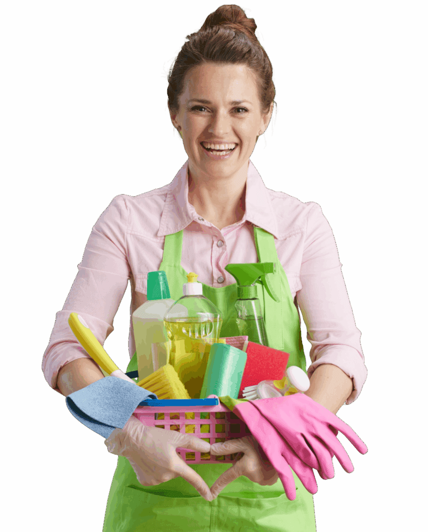 A woman holding a basket full of cleaning supplies.