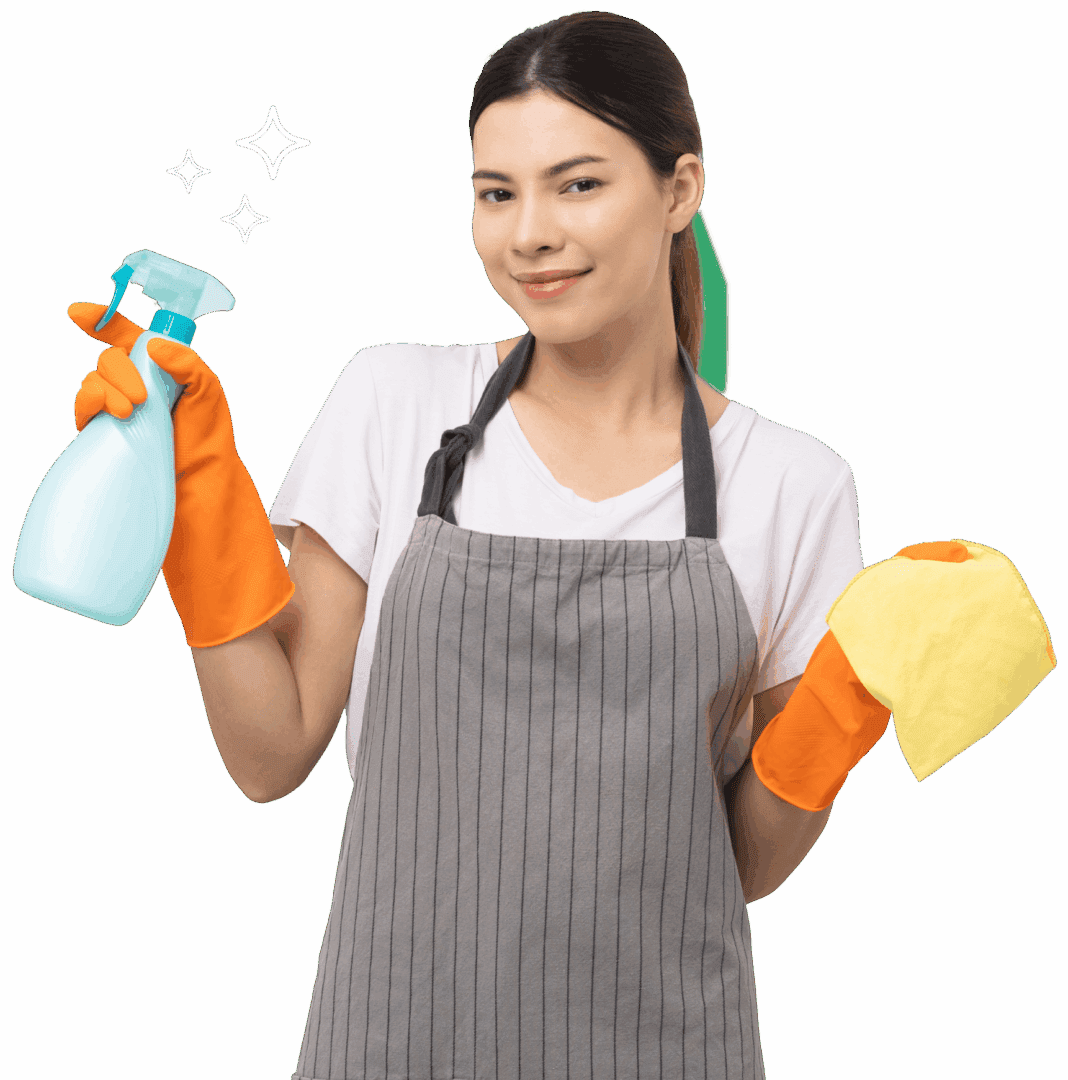 A woman in an apron holding cleaning supplies.