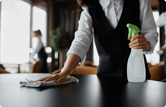A person cleaning the counter top of a restaurant.